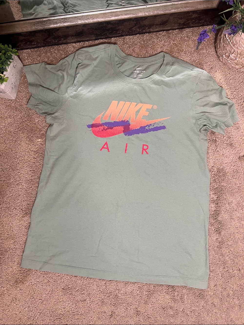 Nike Sage Green Tee with Neon Orange, Pink & Purple Logo